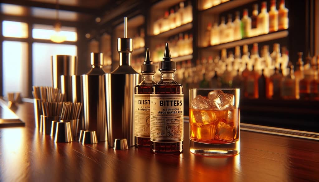bitters bottles next to a whiskey sour