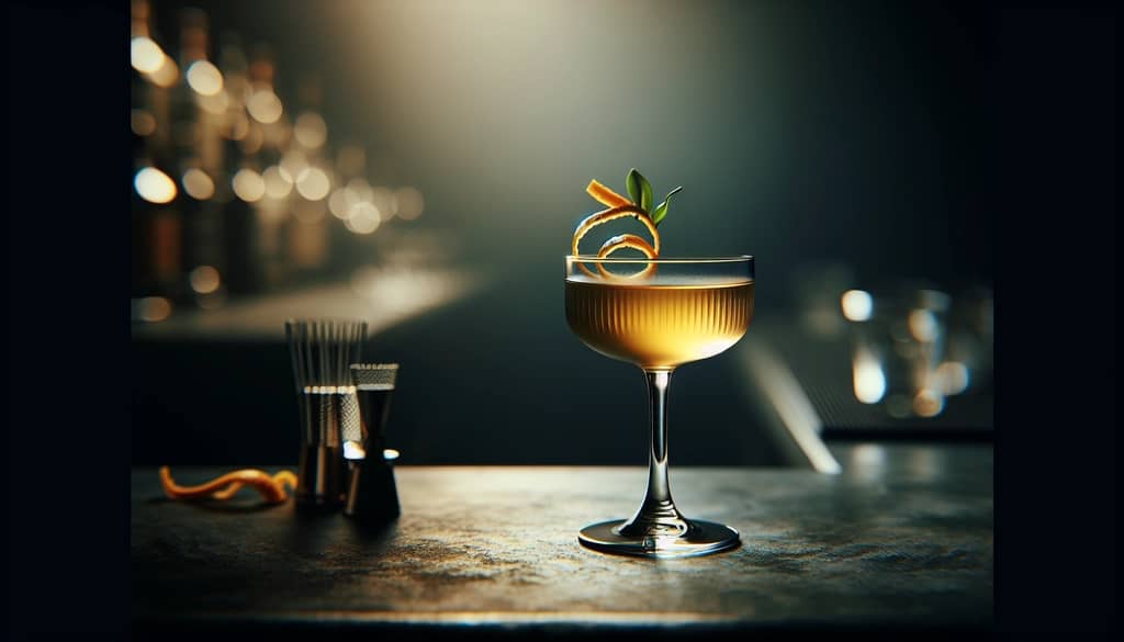 유자 가니시가 있는 쿠페 글라스의 아시아 스타일 칵테일