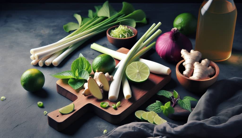 Asian ingredients for home cocktail making on a wooden board