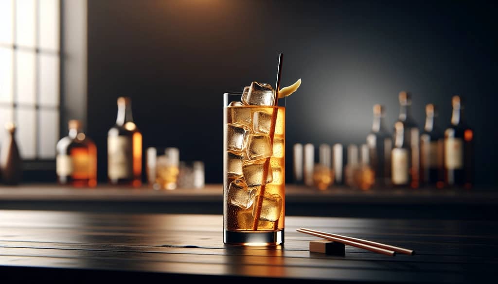 asian-inspired highball with clear ice and ginger garnish
