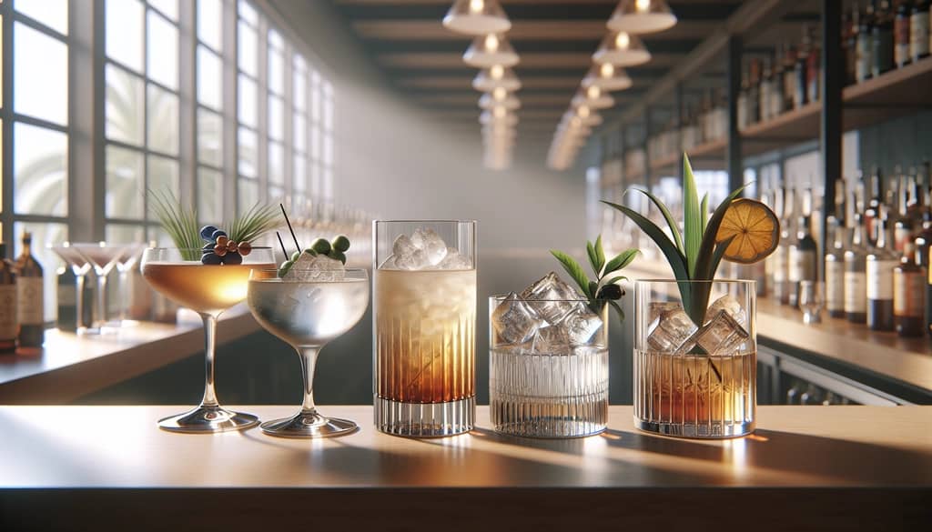 assorted cocktail glassware with drinks and simple garnishes