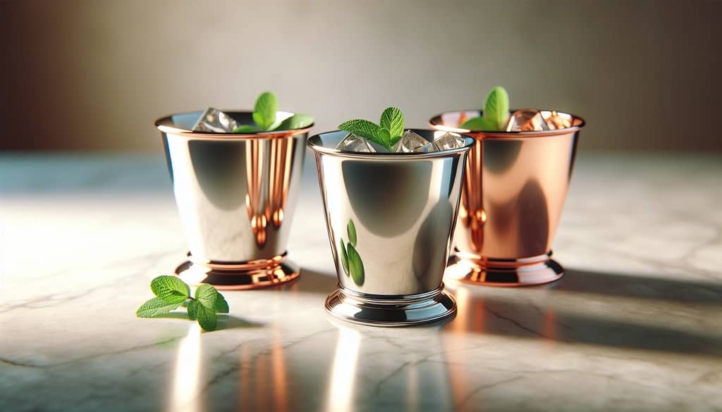 assortment of julep cups made from silver, copper, and glass