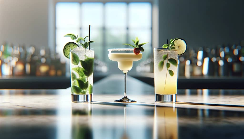 an assortment of virgin classic cocktails with fresh garnishes