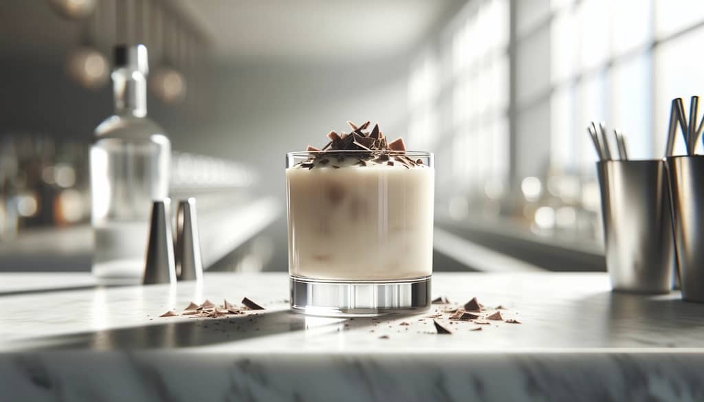 baileys white russian with chocolate garnish on marble bar