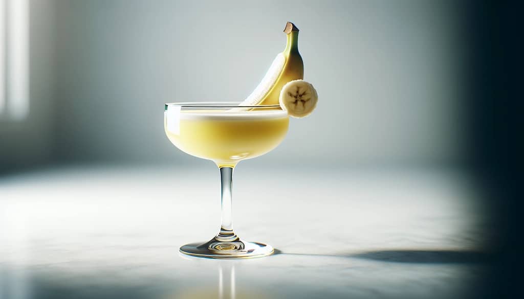 banana cocktail in a coupe glass with banana garnish