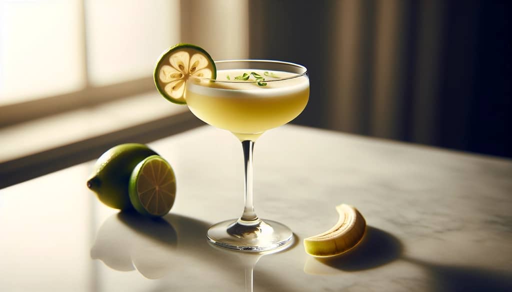 daiquiri chuối trong ly coupe với lát chanh xanh
