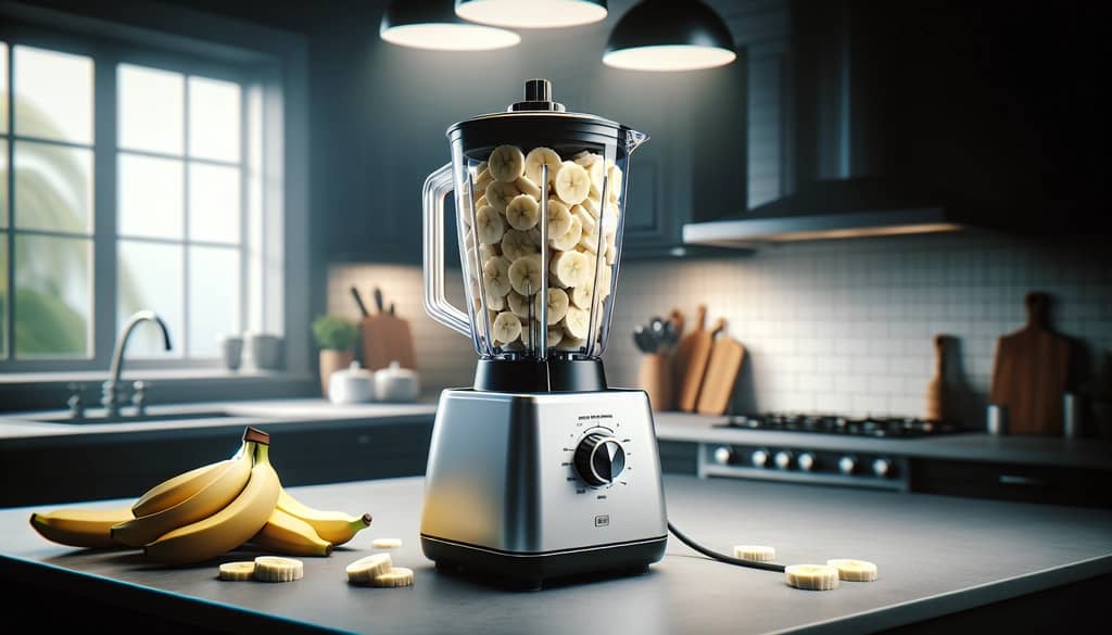blender with banana slices ready for cocktail