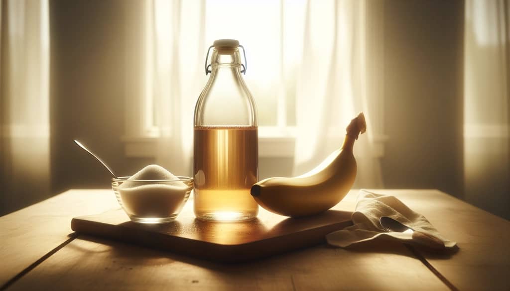 banana syrup in clear bottle with banana and sugar
