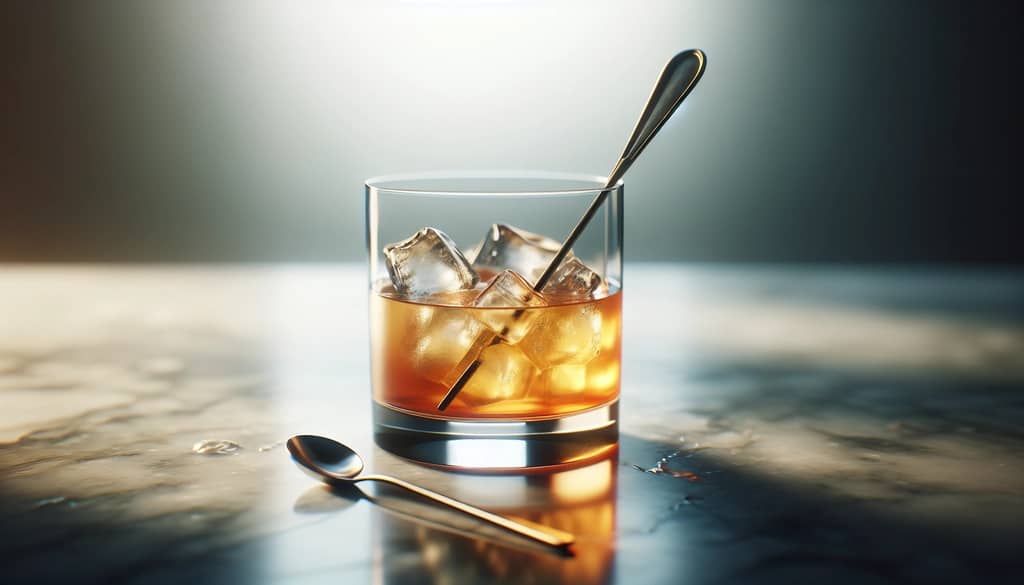 Bar spoon stirring an amber cocktail in mixing glass