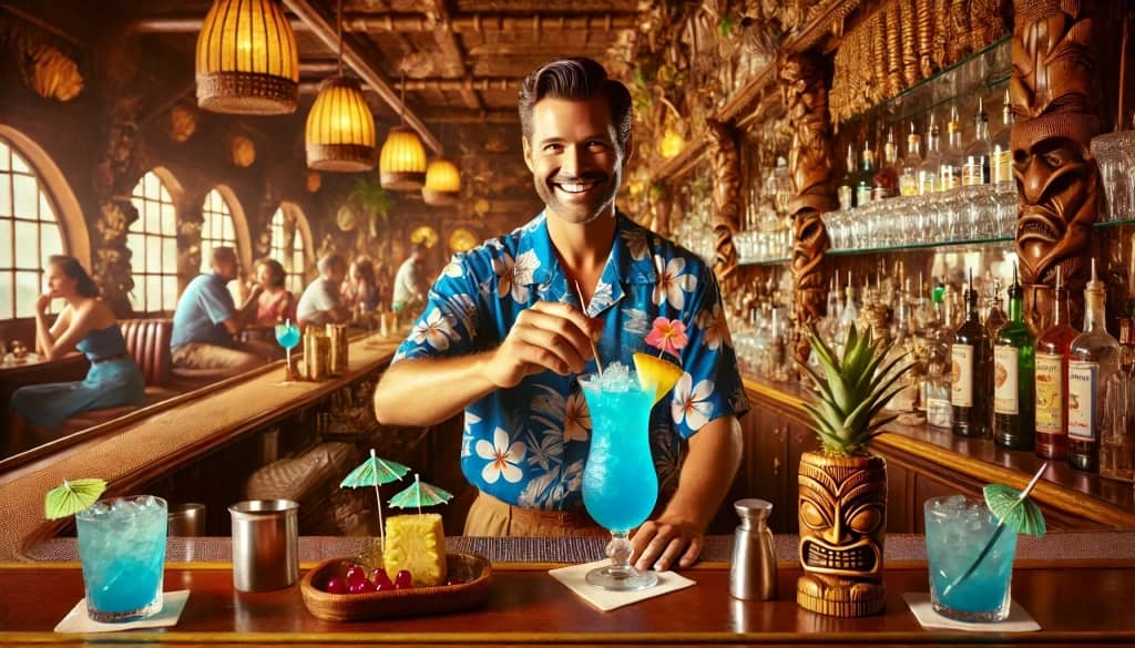 1950s bartender crafting Blue Hawaii cocktail in a Hawaiian bar
