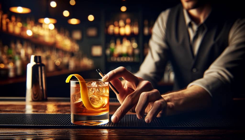 bartender adding citrus garnish to cocktail