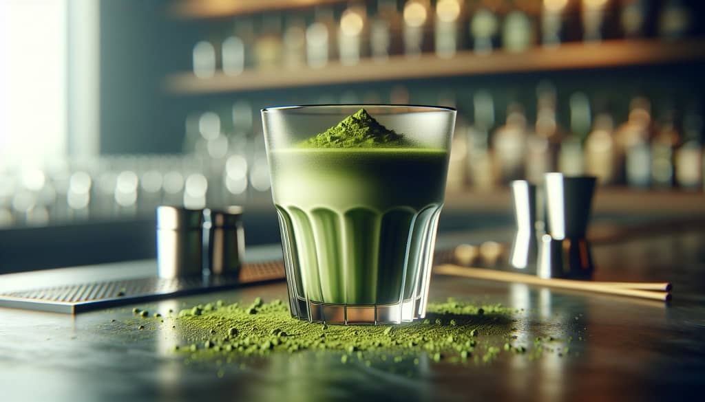 bartender preparing a cocktail with matcha powder
