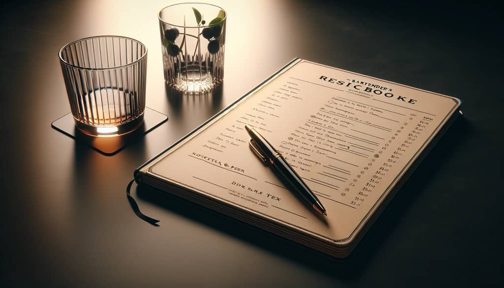 bartender writing cocktail recipe in notebook at bar