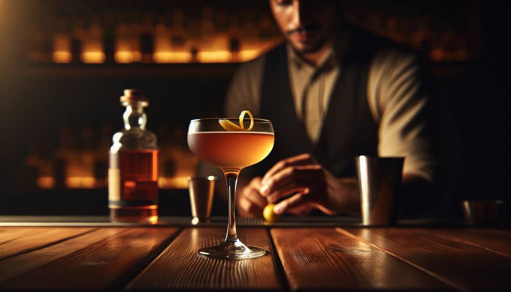 bartender preparing corpse reviver variation at bar
