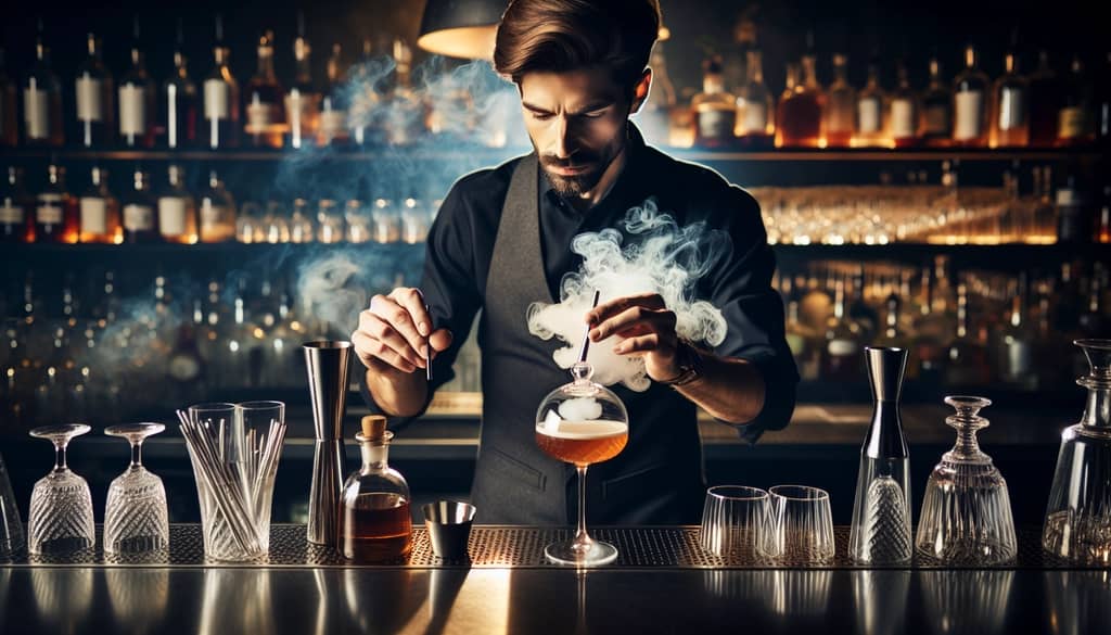bartender preparing an intricate modern cocktail with smoke