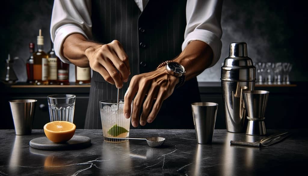 bartender preparing cocktail with shaker