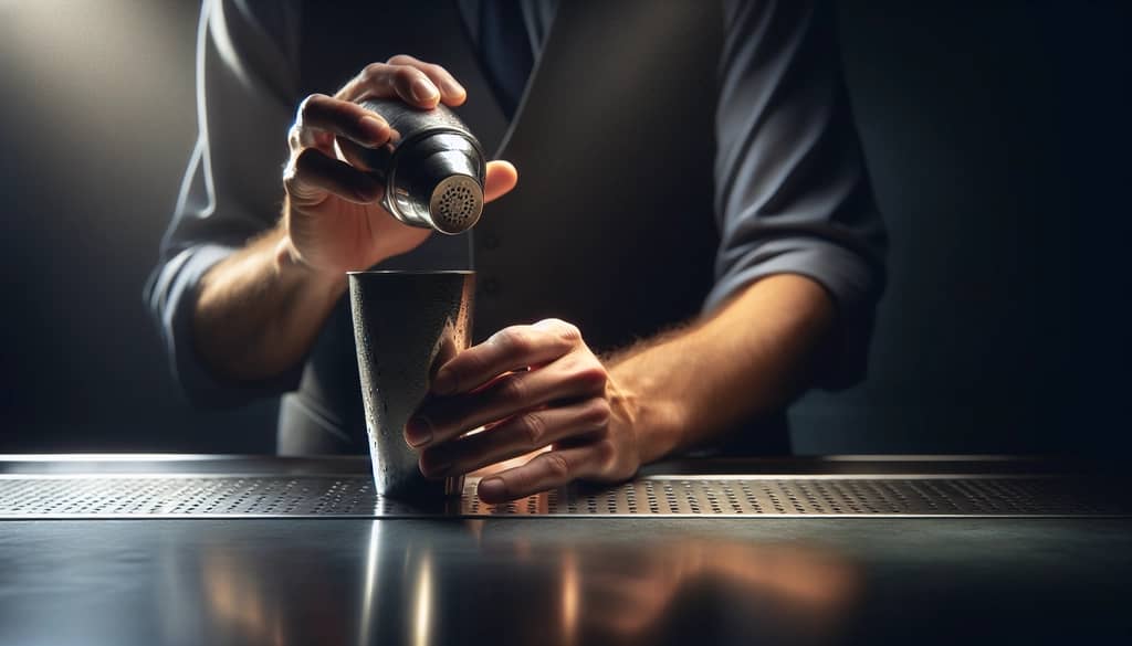 Barkeeper schüttelt Cocktail in Metalshaker