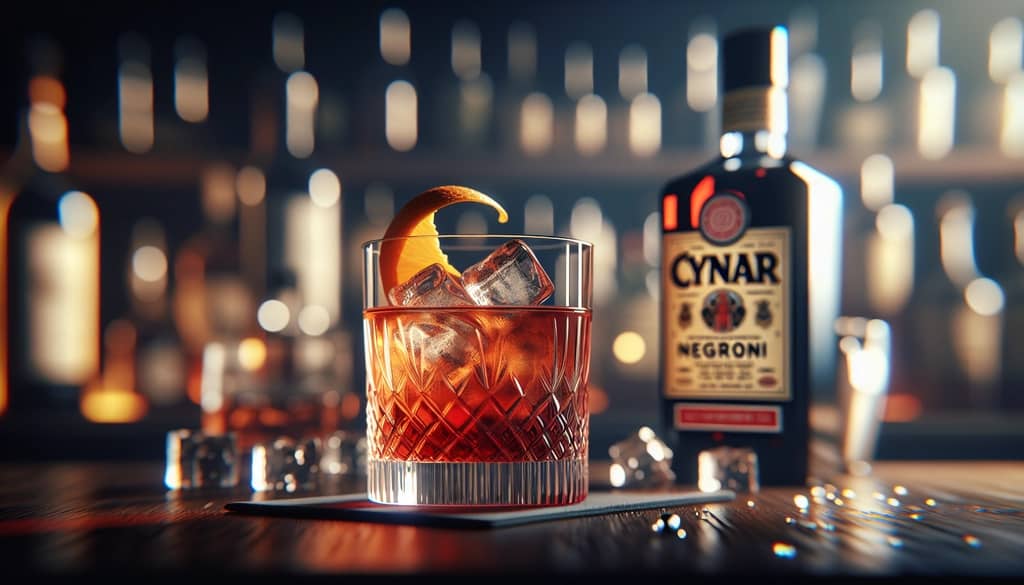 Bartender stirring Cynar Negroni with orange twist on bar