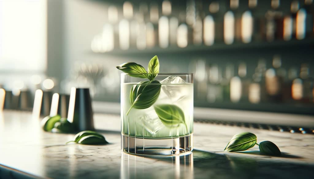 Basilikumblätter als Garnitur in einem Cocktail verwendet