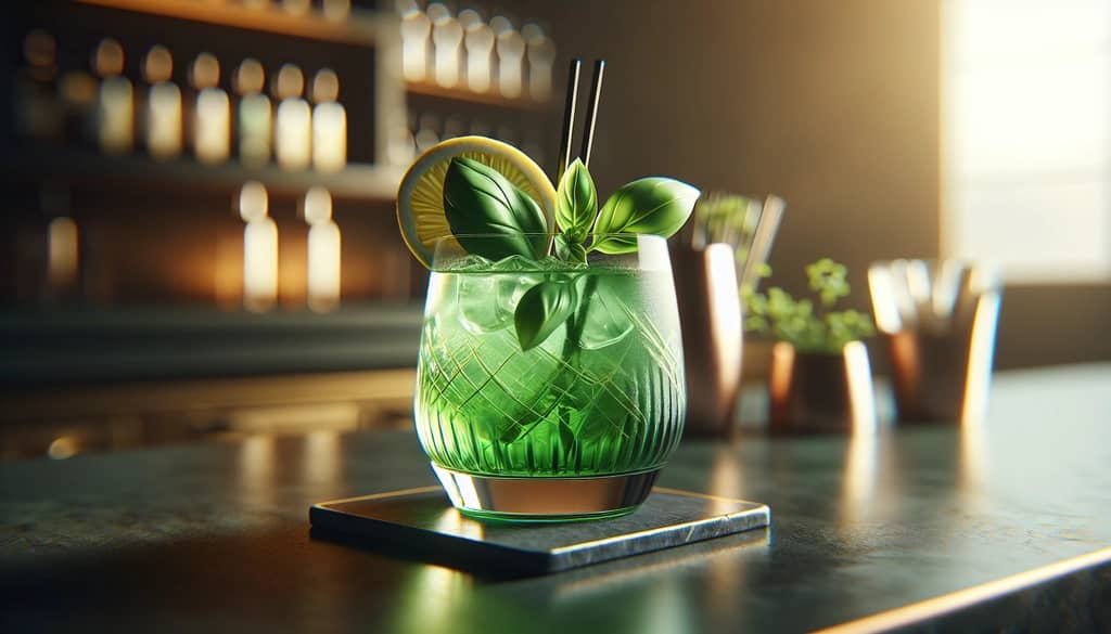Basil Gin Smash with lemon wheel and basil garnish