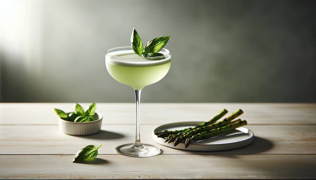 basil gin sour cocktail with grilled asparagus pairing