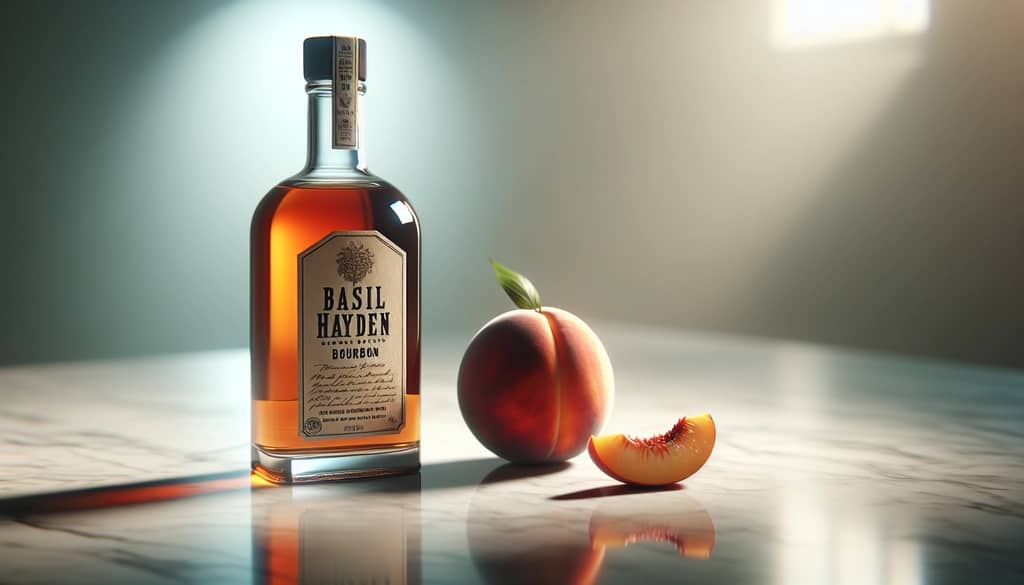 butelka bourbona Basil Hayden i świeża brzoskwinia