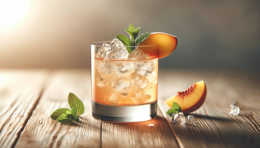 peach smash cocktail in rocks glass with mint