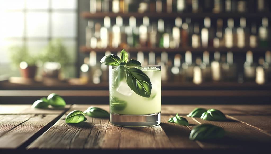 non-alcoholic basil mocktail in a rocks glass