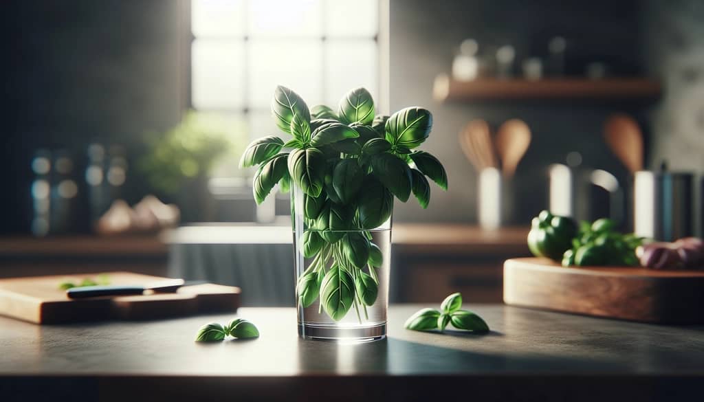 Fresh basil stored in a glass of water