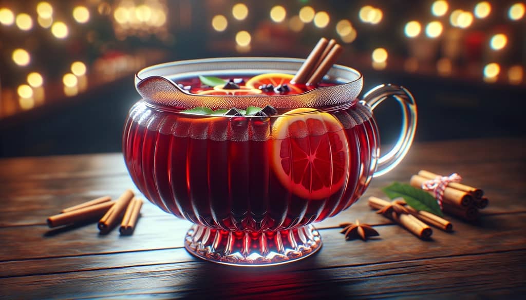 batch christmas punch in a crystal bowl with orange and cinnamon