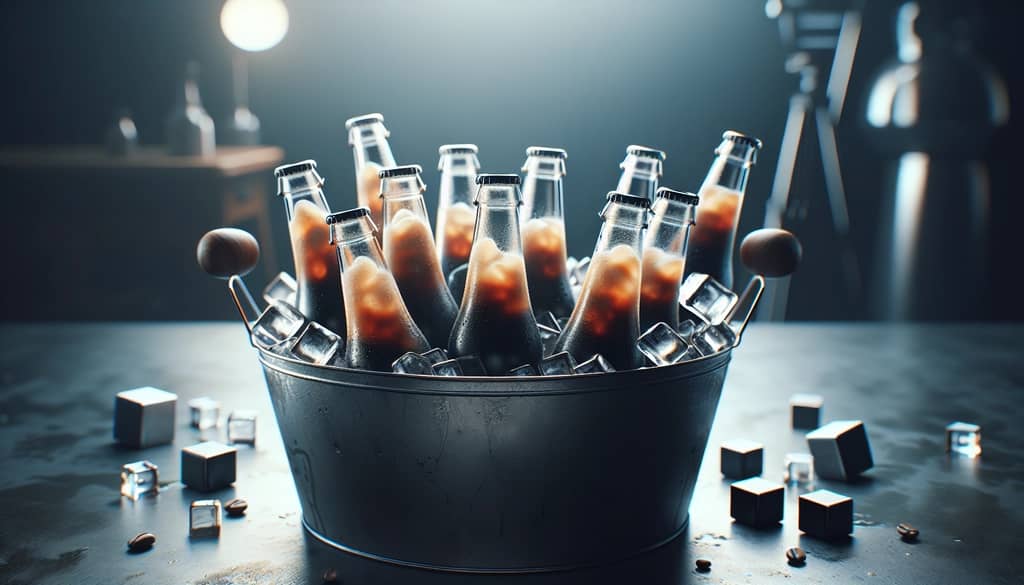 Batch-prepared coffee and chocolate cocktails in glass bottles chilling in ice