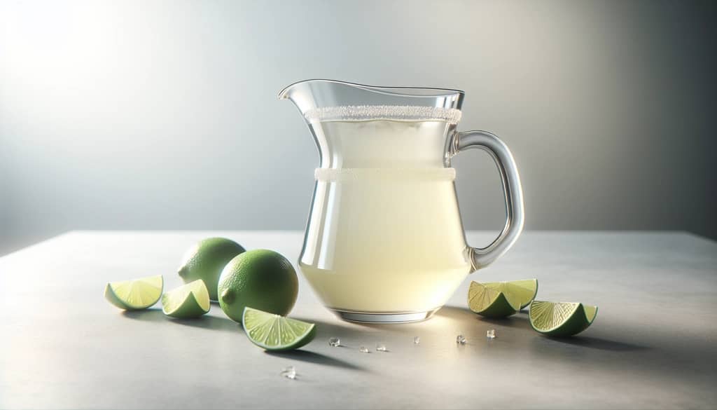 batch of margarita base in glass pitcher with citrus