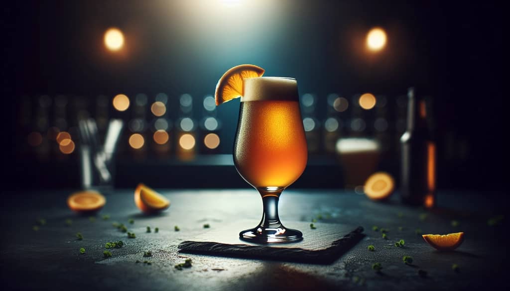 beer cocktail with fruit garnish in a stemmed glass
