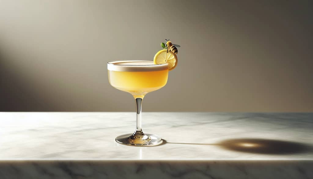 cocktail with honey syrup in a coupe glass and lemon twist