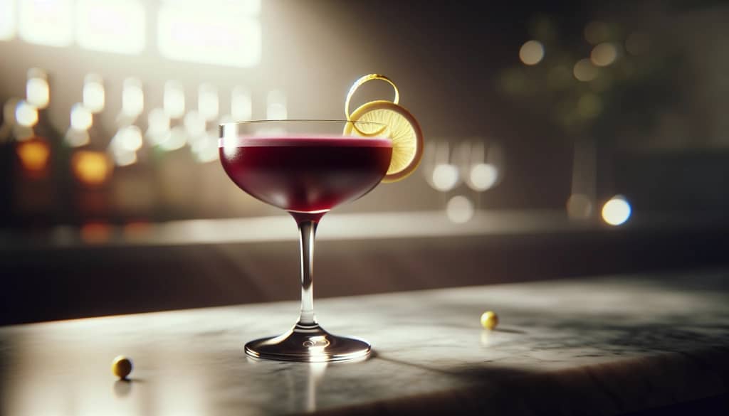 cocktail vivace di succo di barbabietola in bicchiere coupe con twist di limone