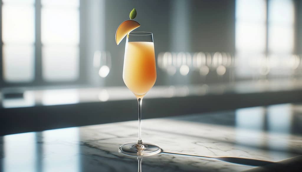 bellini cocktail in flute glass with peach garnish