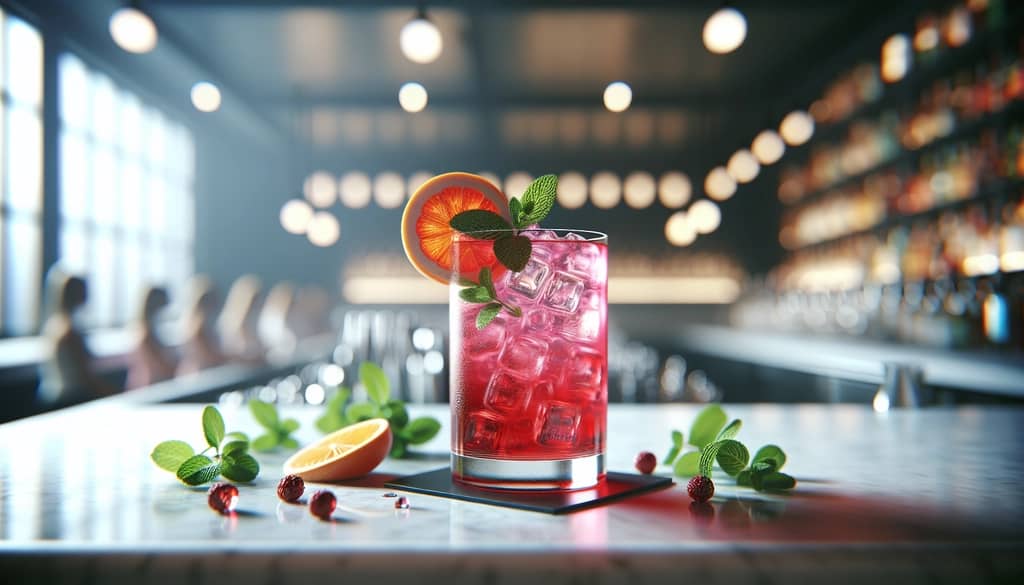 berry and citrus mocktail in a highball glass with mint