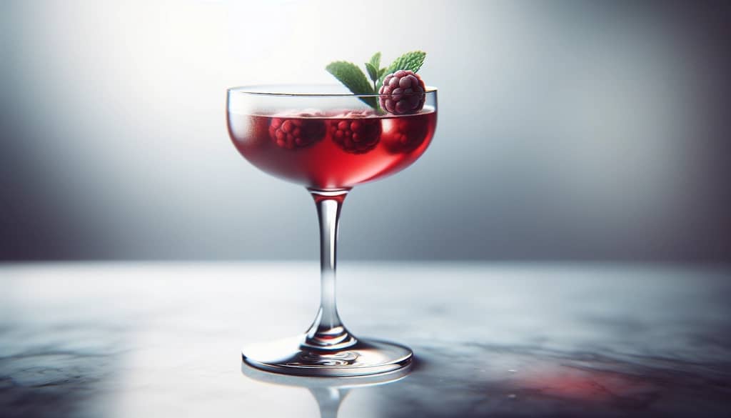 Berry cocktail in a coupe glass with mint garnish