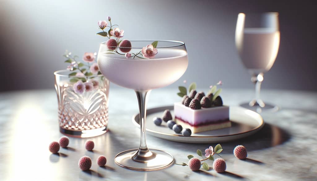 fresh berry dessert with floral cocktail