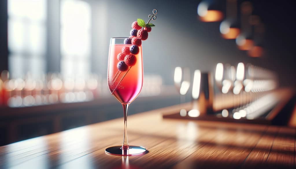 Berry fizz mocktail in a flute with berry garnish