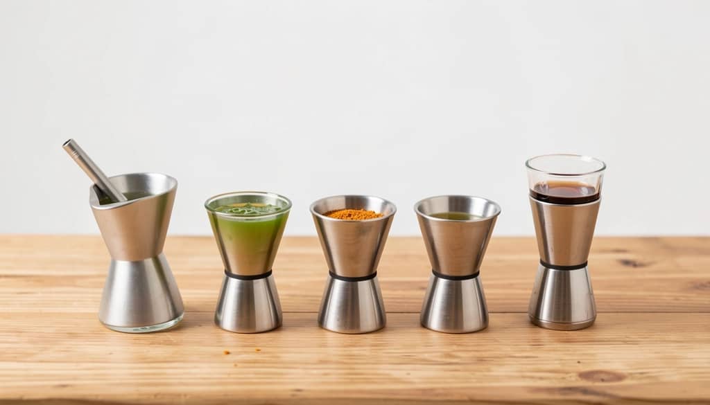 bijou cocktail ingredients measured in jiggers on bar