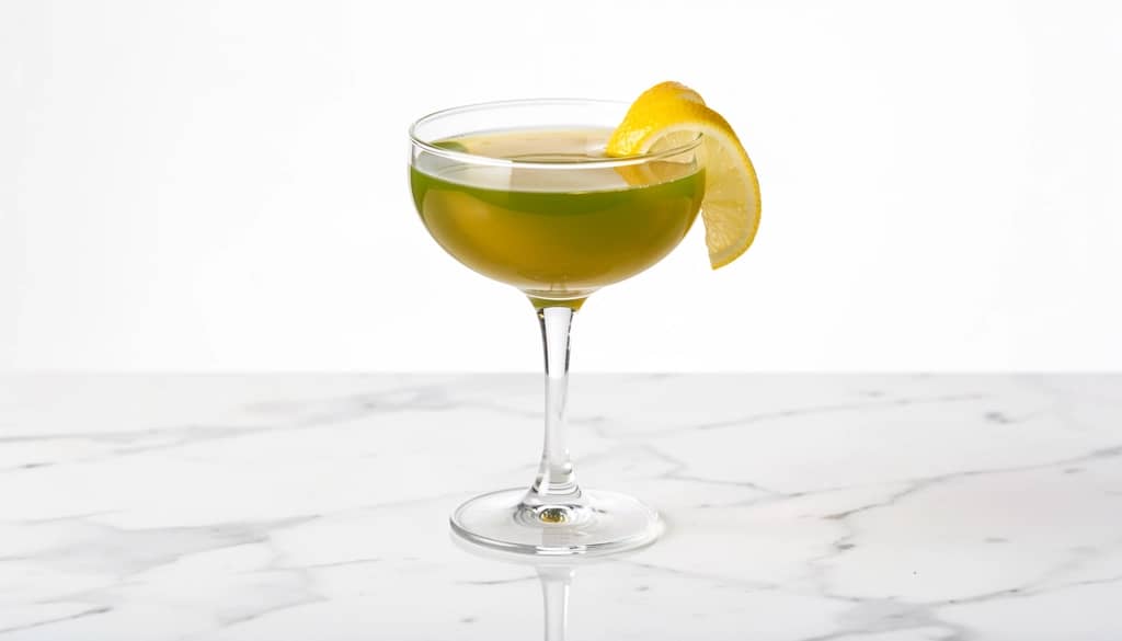 single bijou cocktail with lemon twist on marble bar