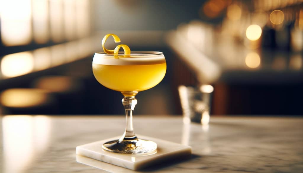 Коктейль Bitter Bee's Knees в бокале купе с украшением из лимонной цедры