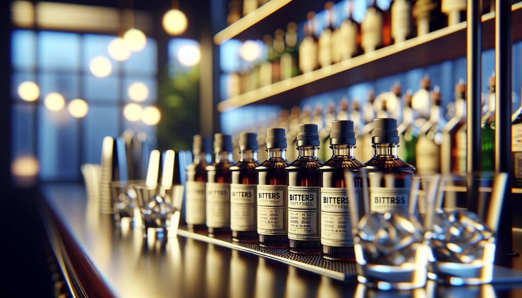 Bitters bottles lined up behind a cocktail bar