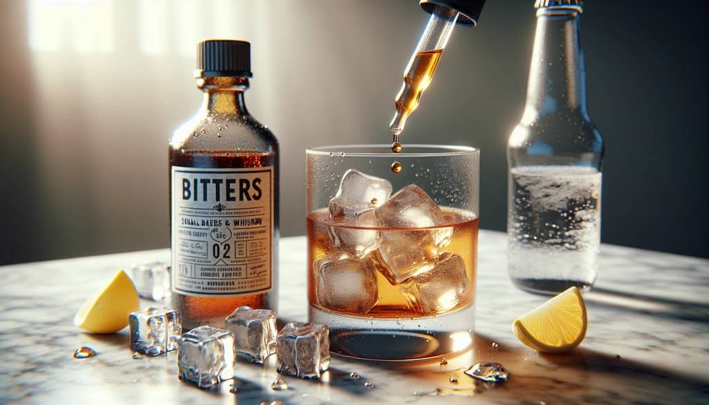 cocktail bitters bottle and dropper with highball setup