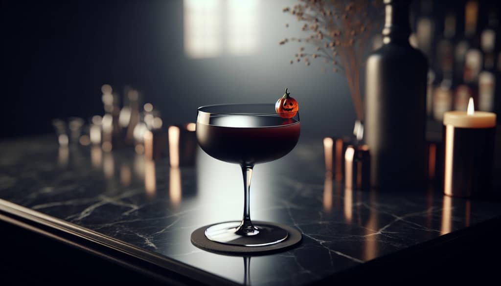 Cocktail d'Halloween de couleur sombre dans un verre coupe, brouillard à la base