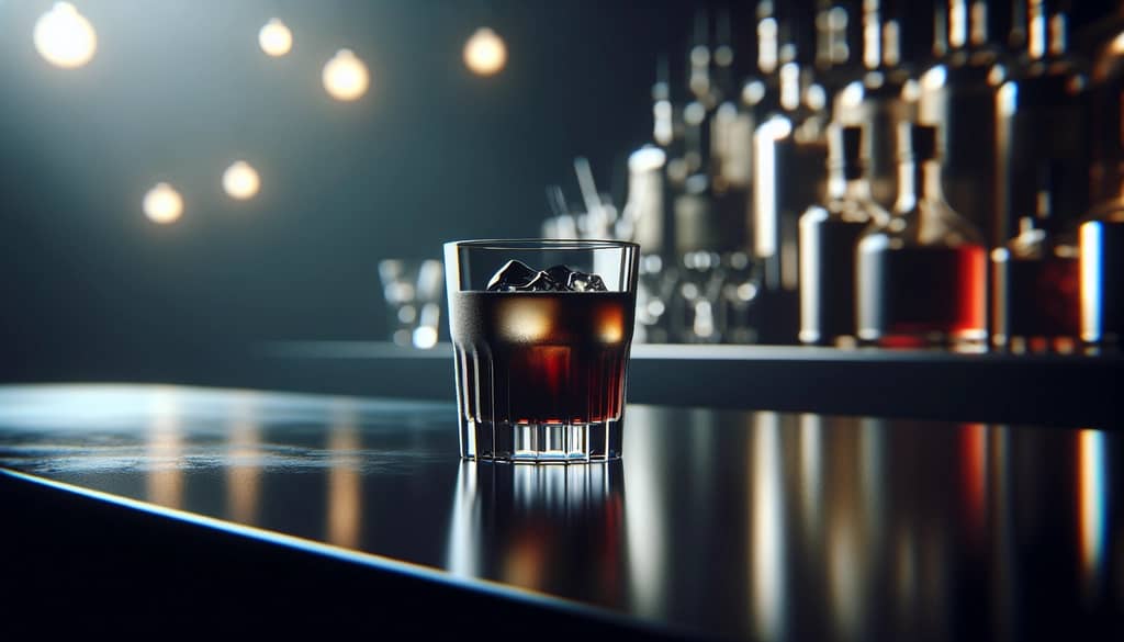 black russian in a rocks glass on a dark bar top