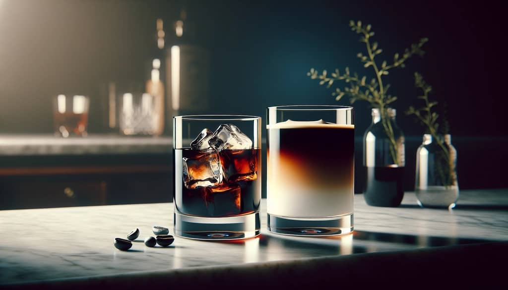 black russian and white russian side by side in rocks glasses