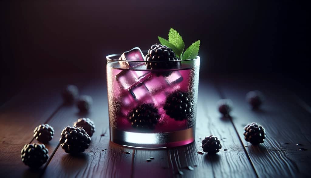 blackberry bourbon smash in rocks glass with mint and blackberry garnish