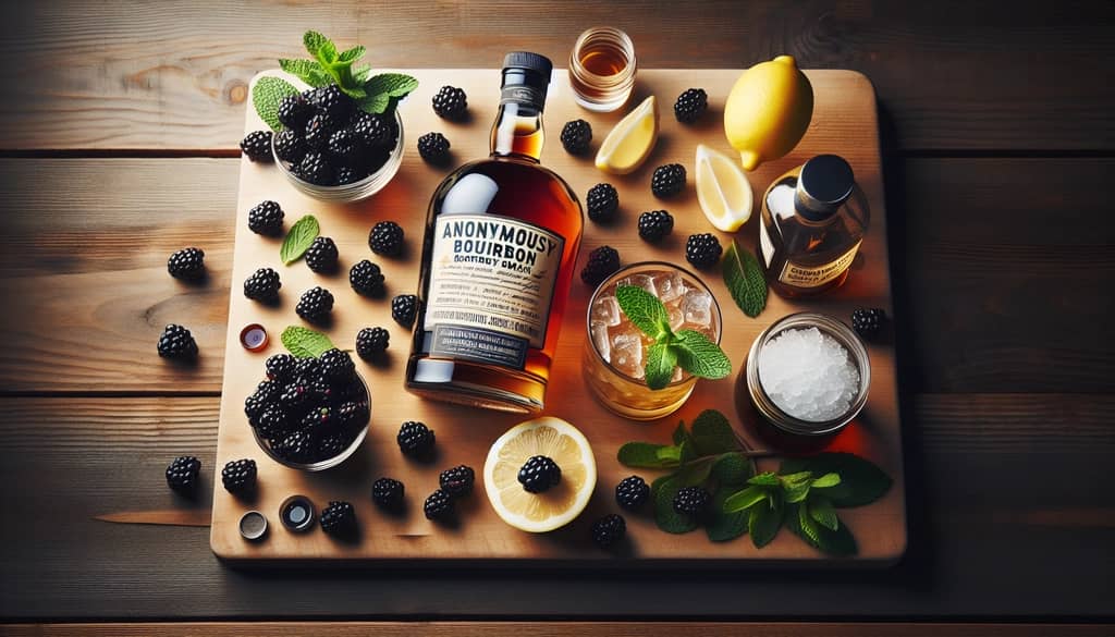 ingredients for bourbon blackberry smash laid out on a bar